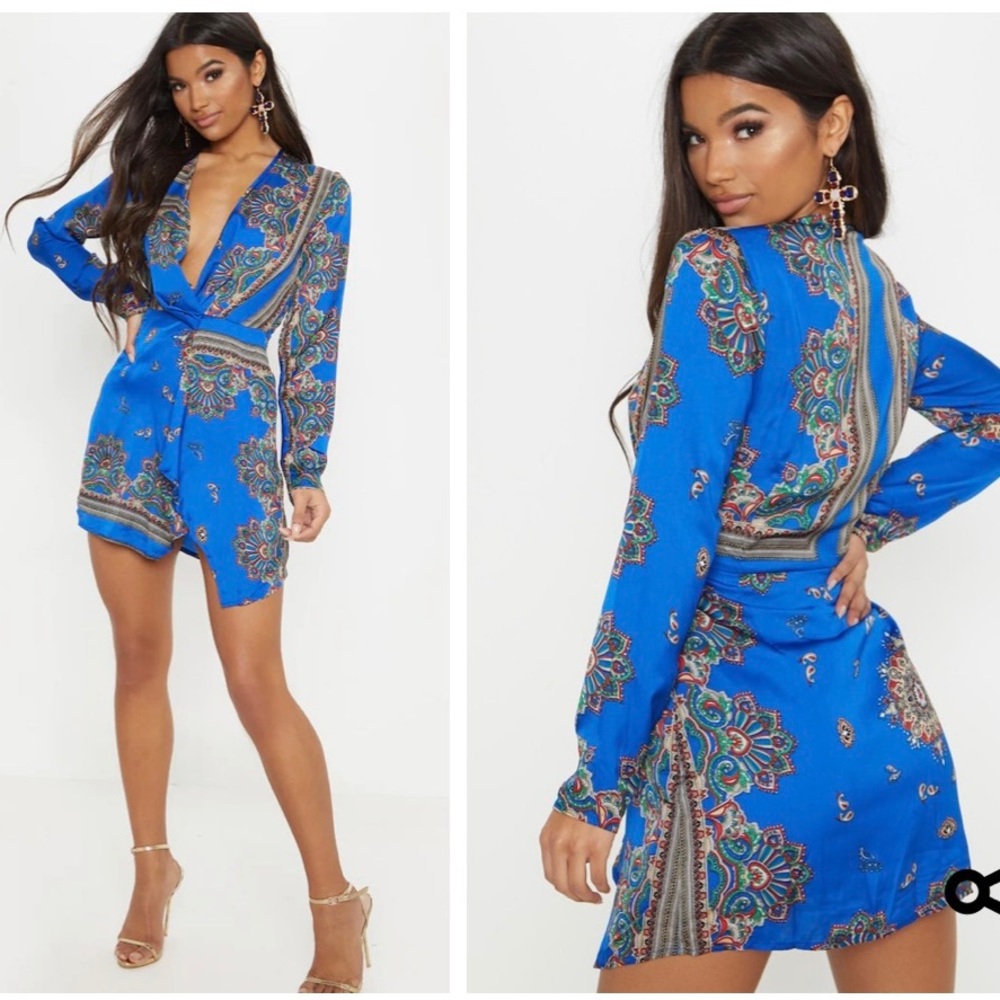 PLT Thandie Cobalt Silky Long Sleeve Wrap Dress - Size 8